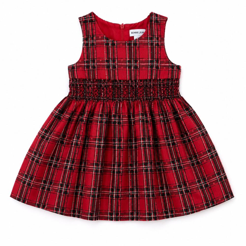 Little Miss Attitude Red Plaid Smocked Dress Size 2T Holiday Christmas Tie Back